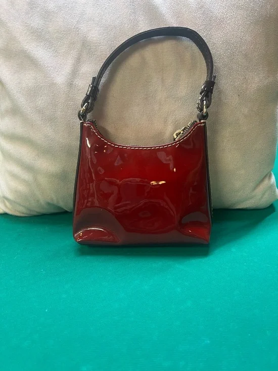 Dooney & Bourke Red Patent Leather Mini Hobo Bag | White Contrast Stitch EUC - Picture 3 of 8